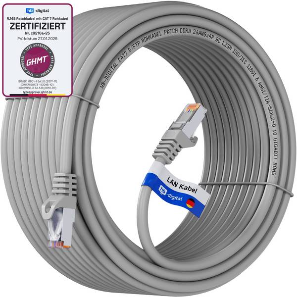 hb-digital Netzwerkkabel CAT 7 Rohkabel RJ45 S/FTP PiMF LSZH 20m grau