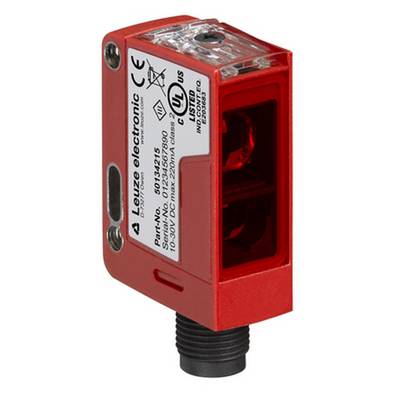 Ein roter optoelektronischer Sensor von Leuze Electronic mit Anschlussdetails und CE-Kennzeichnung, geeignet für 10-30V DC.