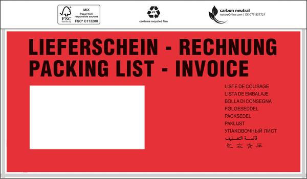 Dokumententaschen, 240 x 118 mm, DIN-lang, mit Druck "Liefersch./Rechg."