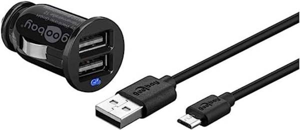 Goobay 71692 Dual Kfz Adapter Zigarettenanzünder / Micro USB Ladekabel / Auto Ladegerät 12W / USB-A Ladeset / Schwarz