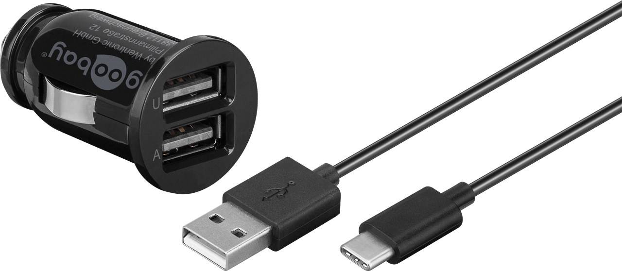 Goobay 58820 Dual Kfz Adapter Zigarettenanzünder / USB-C Ladekabel 1m / Auto Ladegerät 12W / USB-A Ladeset / Schwarz-0
