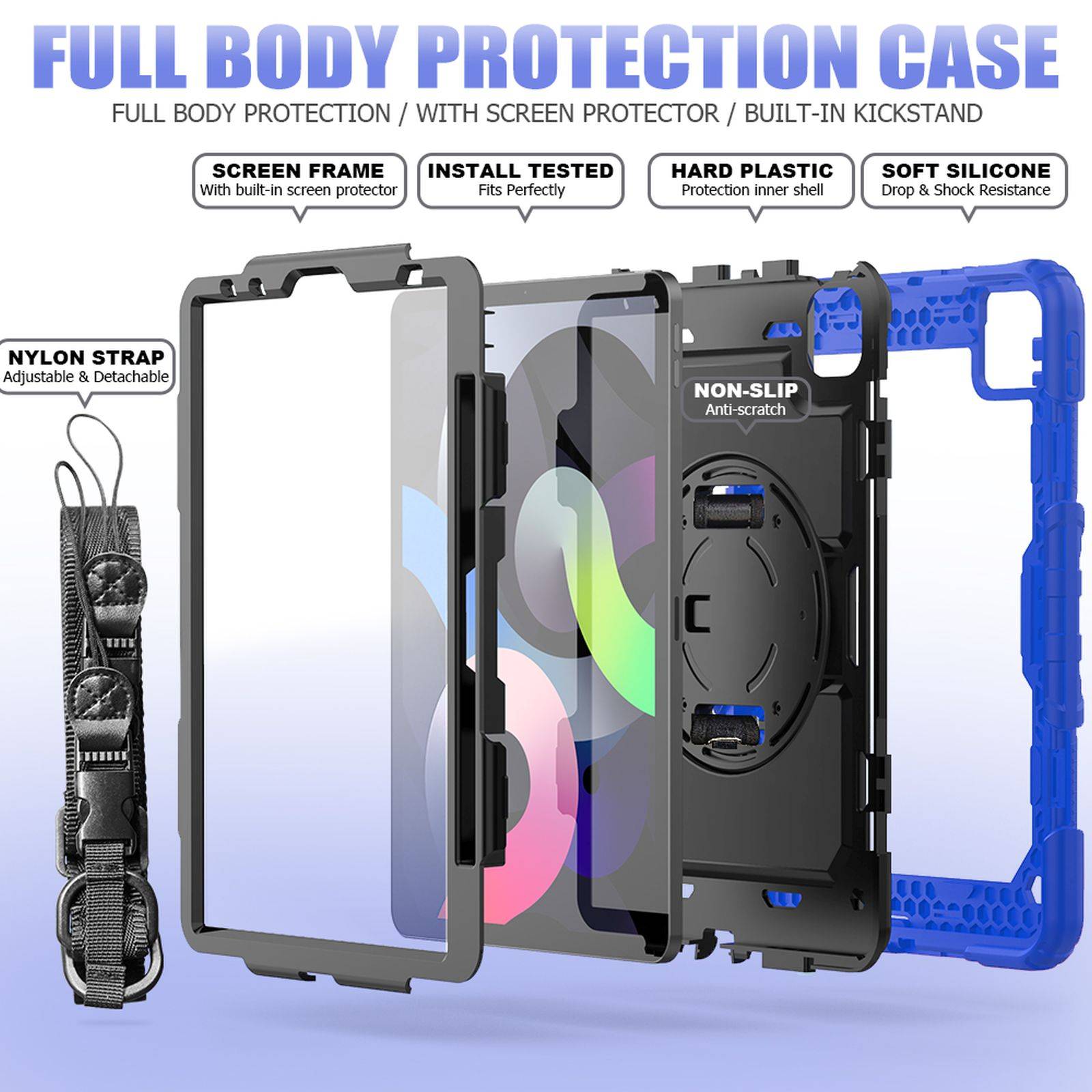 4in1 Schutzhülle für Apple iPad Pro 11 2020 Air 4 10.9 2020/2022 Hard Case + Standfunktion+Tragegurt Blau-3