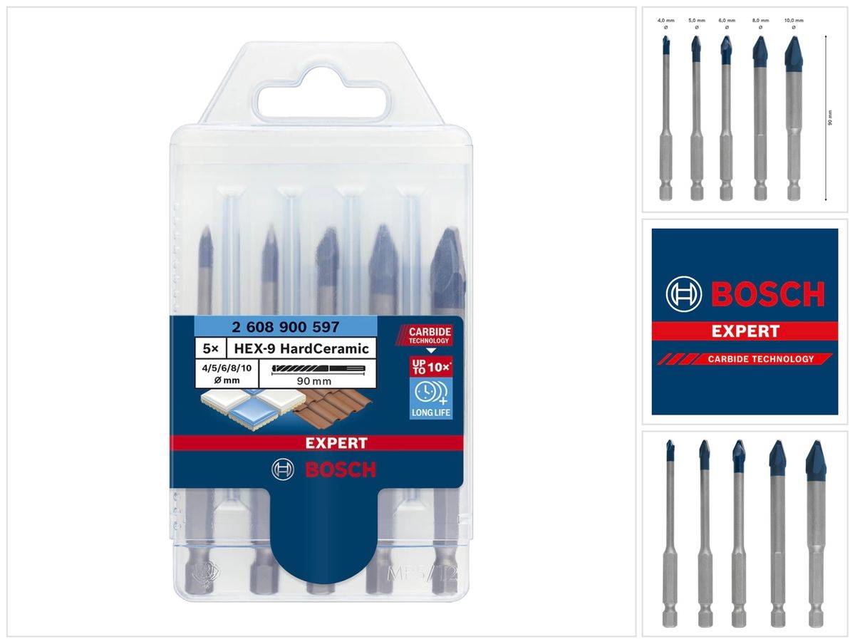 Bosch EXPERT HEX-9 HardCeramic Bohrer Set 4 - 10 mm 5 tlg. ( 2608900597 ) für Fliesen-0