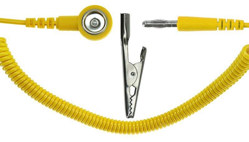 ESD-Spiralkabel, 1 MOhm, gelb, 2,4 m, 10 mm Druckknopf, Bananenstecker, Krokodilklemme-0