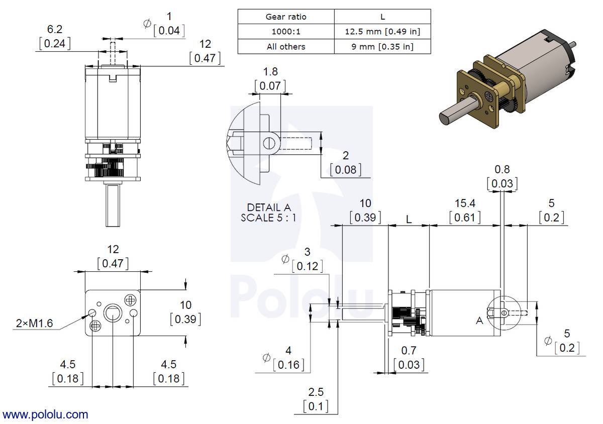Pololu 15:1 Micro Metal Gearmotor HPCB 6V with Extended Motor Shaft 4787-4