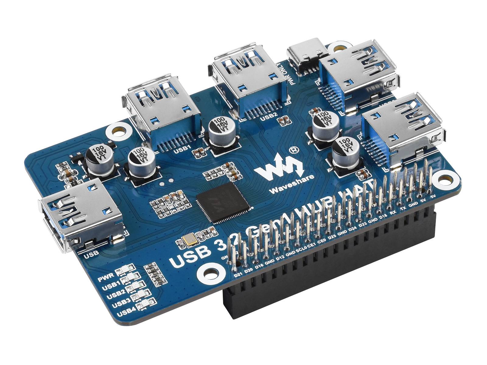 WaveShare USB 3.2 Gen1 HUB HAT for Raspberry Pi with 4x USB Ports Driver-Free-0