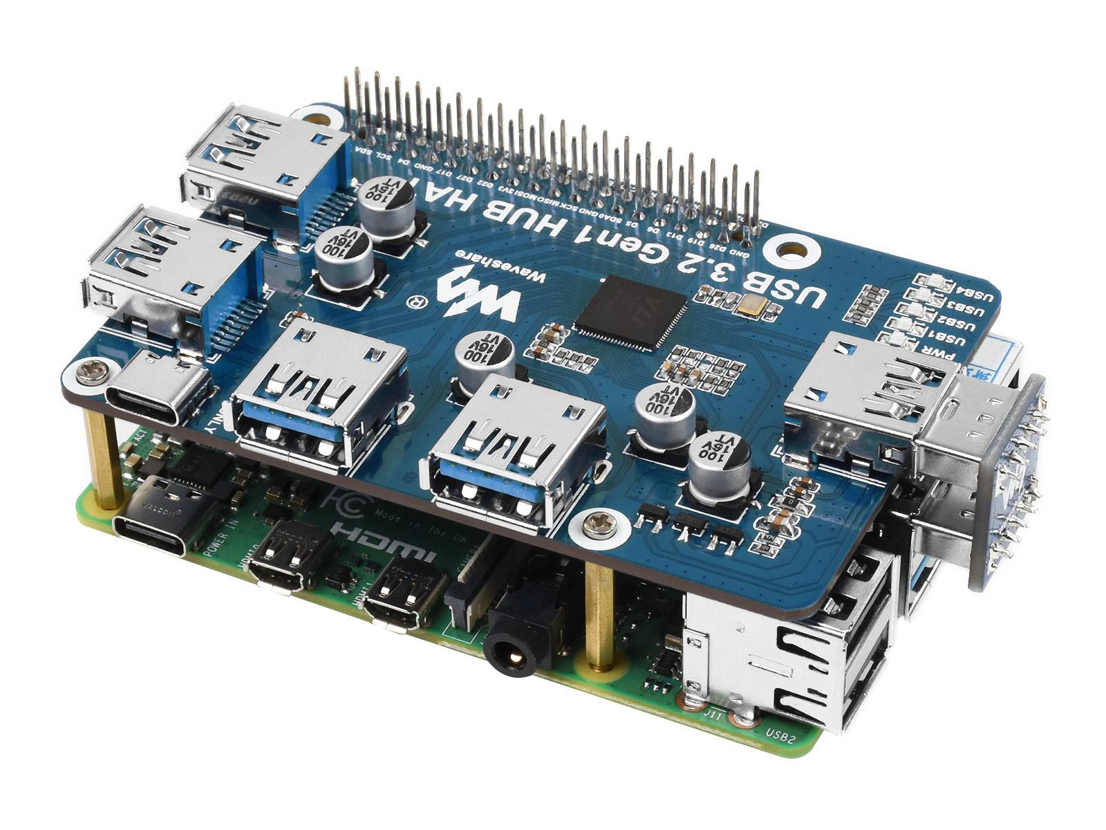 WaveShare USB 3.2 Gen1 HUB HAT for Raspberry Pi with 4x USB Ports Driver-Free-1