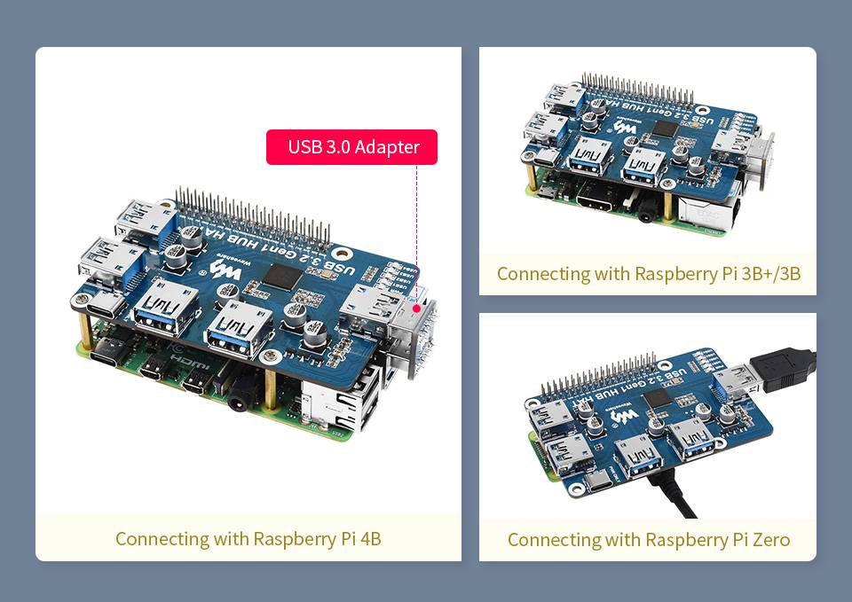 WaveShare USB 3.2 Gen1 HUB HAT for Raspberry Pi with 4x USB Ports Driver-Free-2