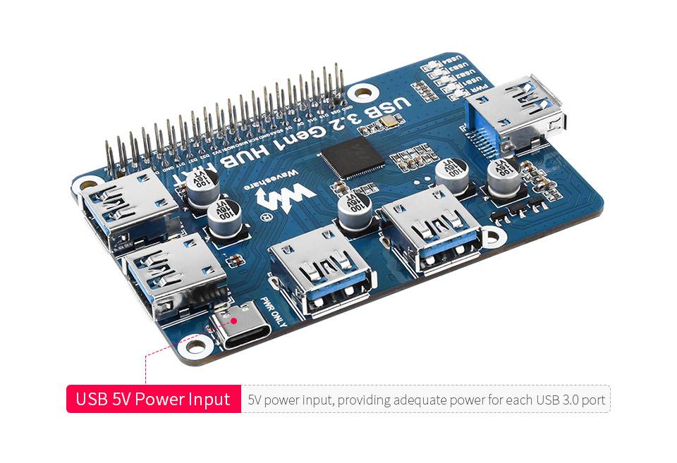 WaveShare USB 3.2 Gen1 HUB HAT for Raspberry Pi with 4x USB Ports Driver-Free-3
