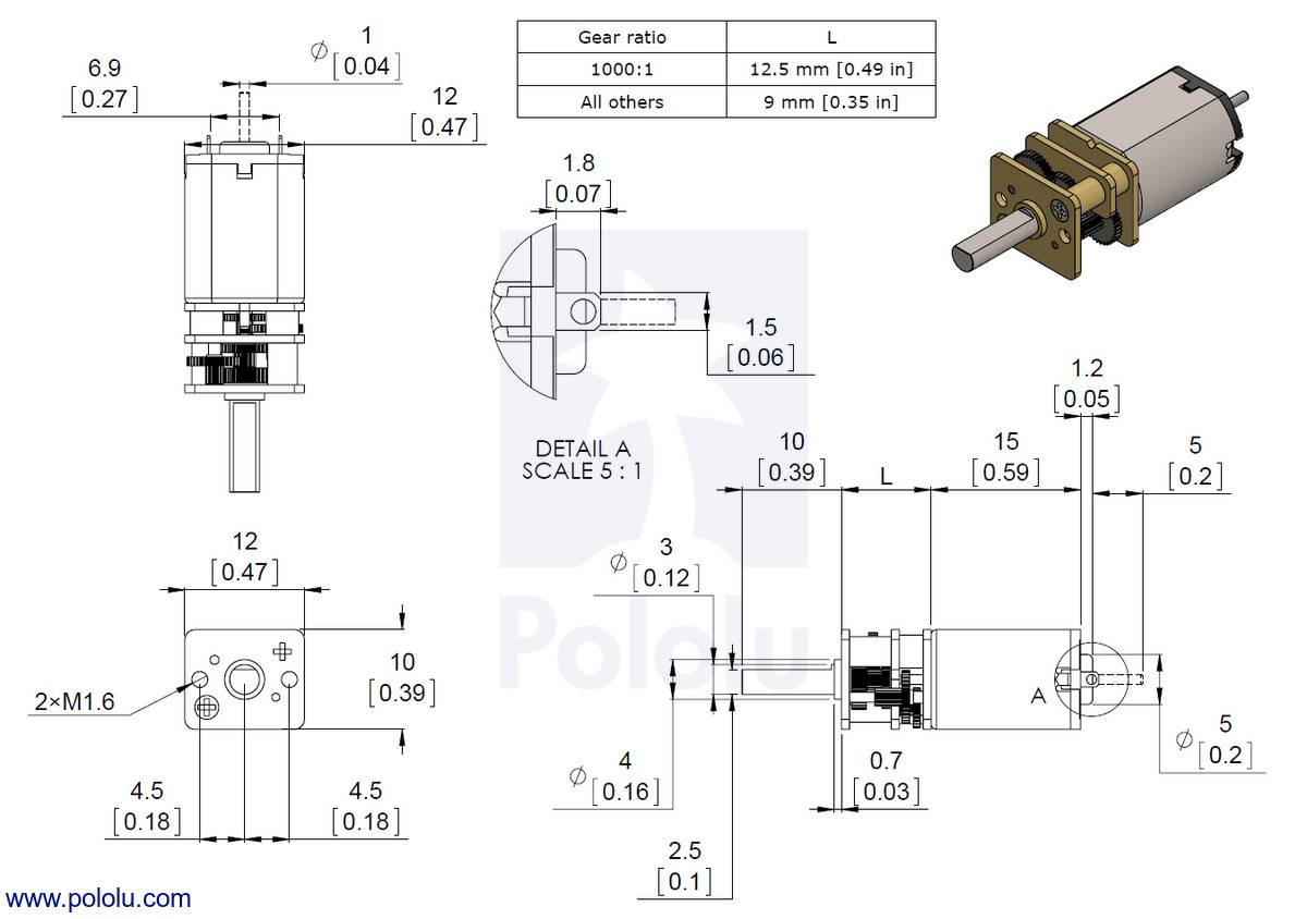 Pololu 380:1 Micro Metal Gearmotor MP 6V with Extended Motor Shaft-1