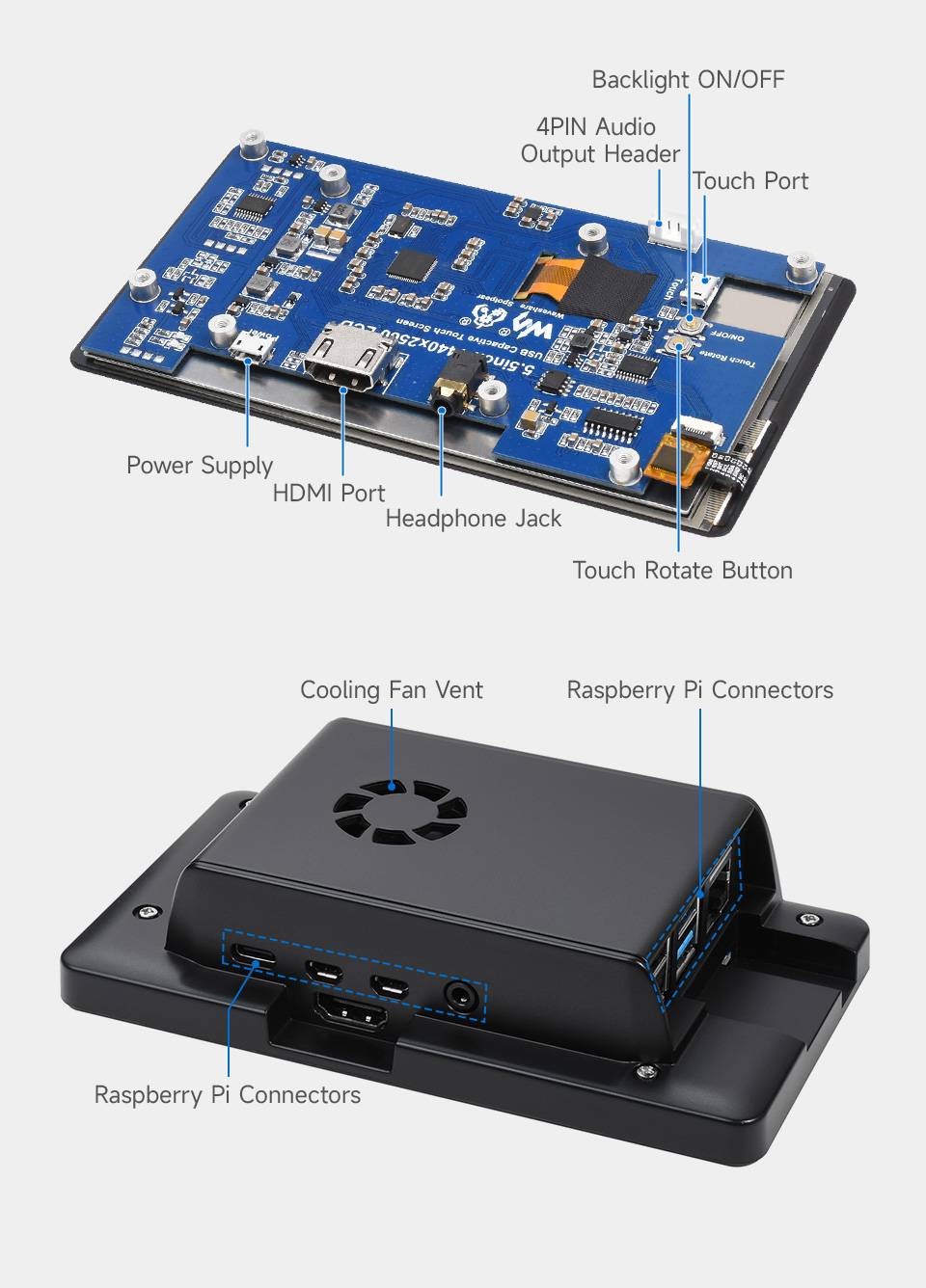 WaveShare 5.5inch 2K Capacitive Touch LCD Display with Case for Raspberry Pi-3
