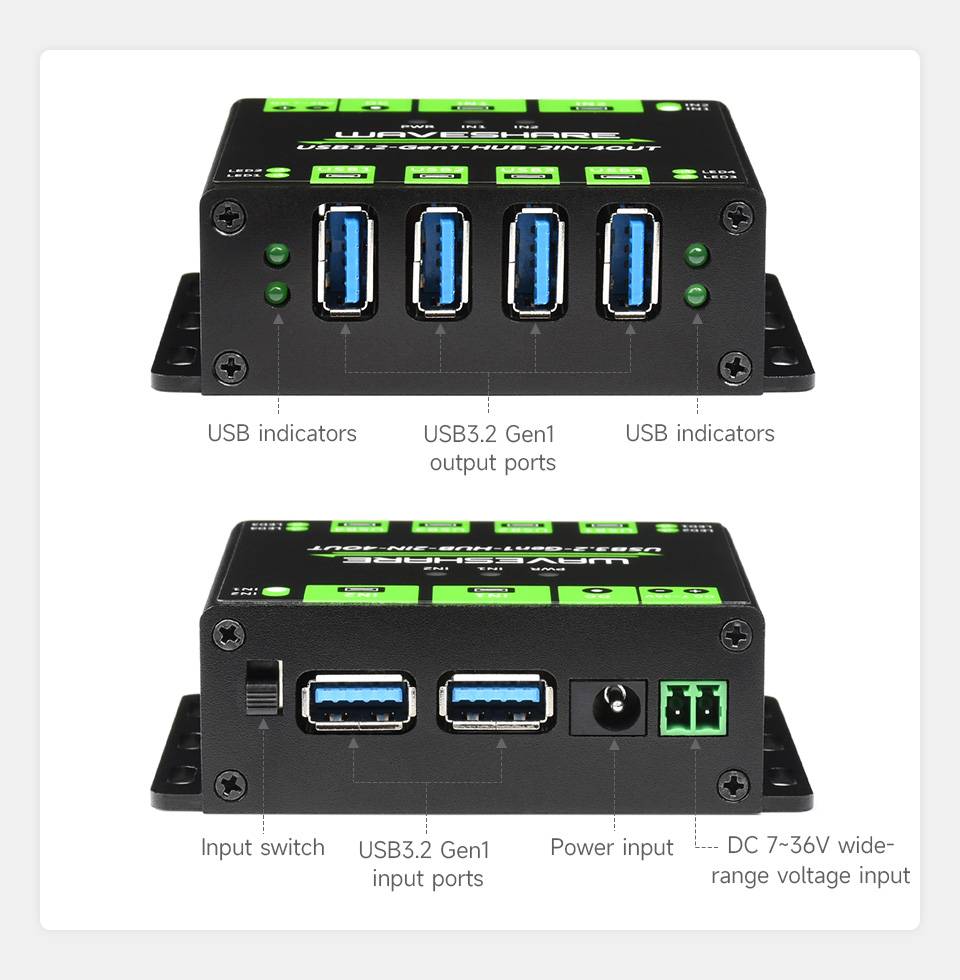 WaveShare Industrial Grade USB HUB 4x USB 3.2 Ports Switchable Dual Hosts-4