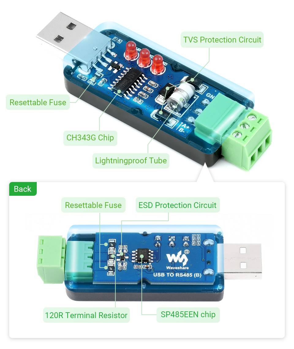 WaveShare Industrial USB to RS485 Bidirectional Converter CH343G Multi-Protection Circuits-4