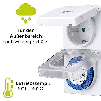 Goobay 73289 Outdoor Analoge Zeitschaltuhr 3500W / Außen Schaltuhr für Steckdose / Timer 30 Min Takt / IP44 Spritzwasser-3