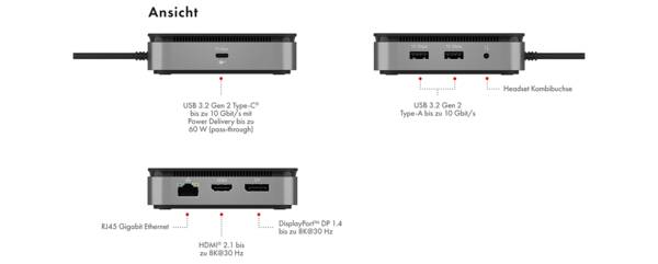 IB-DK4080AC, DisplayLink® Notebook DockingStation, USB 3.2 Gen 1 auf: 3x USB 3.2 Gen 1, 2x DP, 2x HDMI®, 1x GigabitLAN,