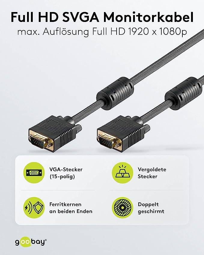 Goobay 68140 VGA auf VGA Kabel / Monitorkabel Full HD / VGA 15 polig / 2x Ferritkerne / Bildschirmkabel / Schwarz / 20m-1