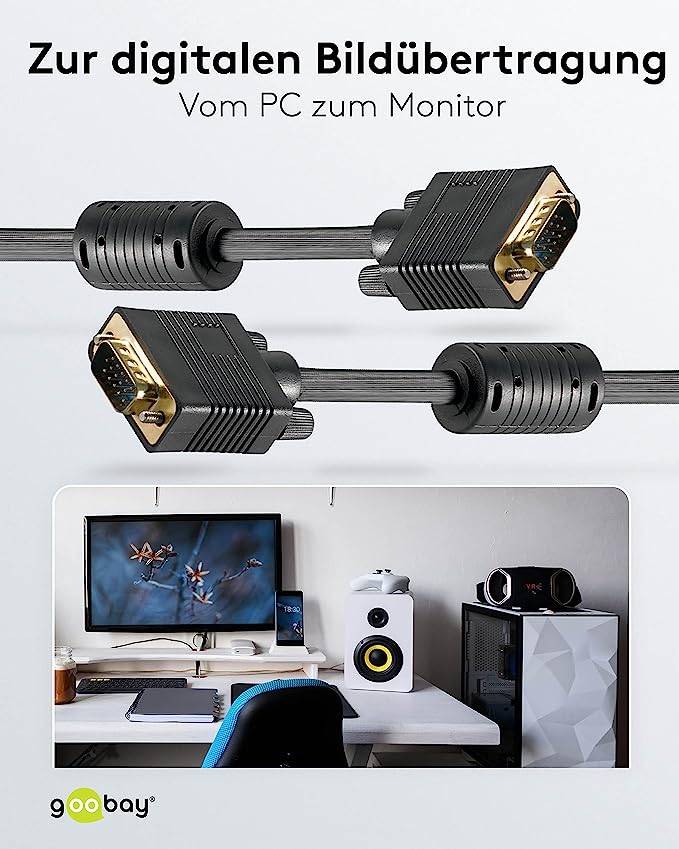 Goobay 68139 VGA auf VGA Kabel / Monitorkabel Full HD / VGA 15 polig / 2x Ferritkerne / Bildschirmkabel / Schwarz / 15m-4