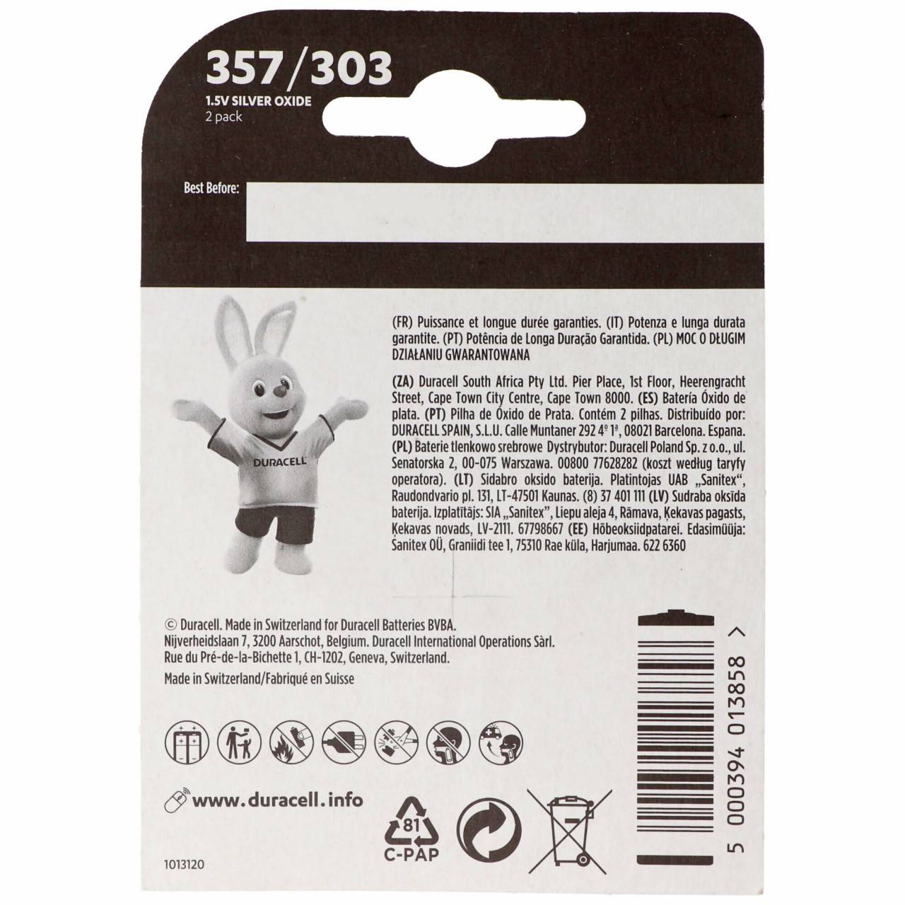 Duracell 357, 303, V357, V303, SR44, SR44SW, Uhrenbatterie D357, 2er Blister-3