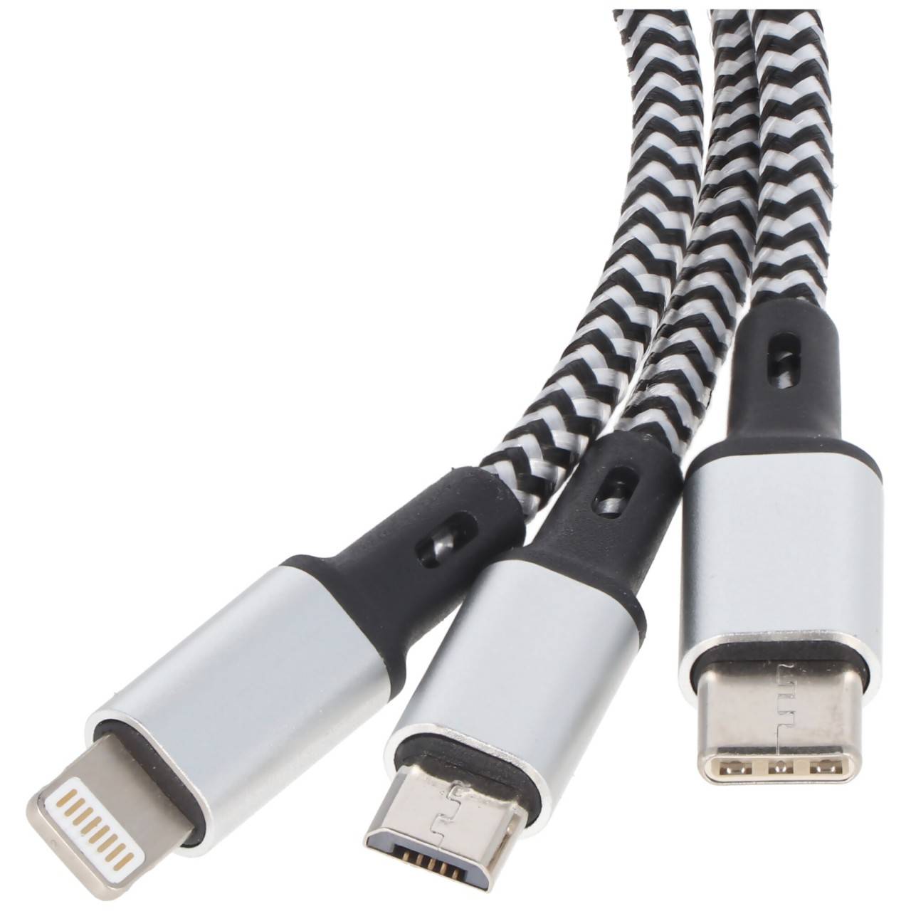 Universal Ladekabel 3in1 für Apple, USB-C, Micro-USB robust mit TPE-Ummantelung, Aluminium-Steckern-1