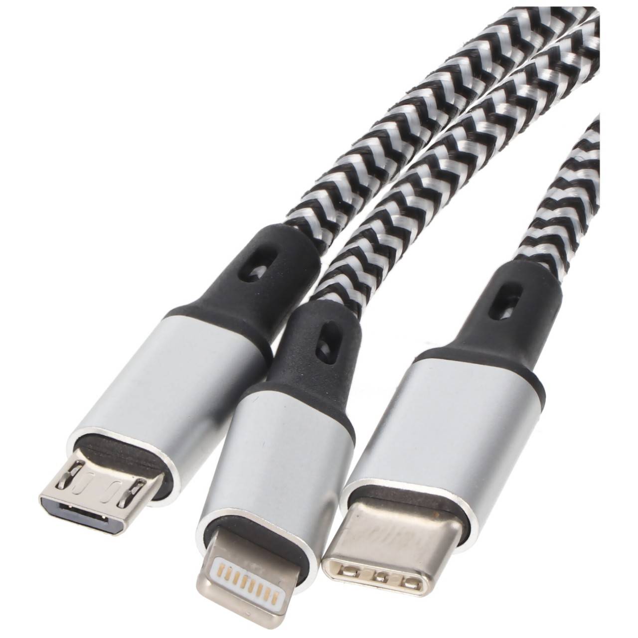 Universal Ladekabel 3in1 für Apple, USB-C, Micro-USB robust mit TPE-Ummantelung, Aluminium-Steckern-3