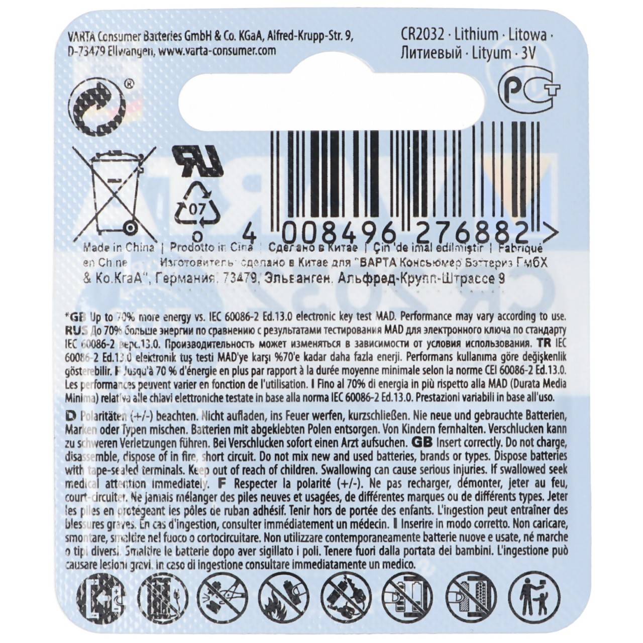 Varta CR2032 Lithium Batterie IEC CR2032 Abmessungen 20x3,2mm-4