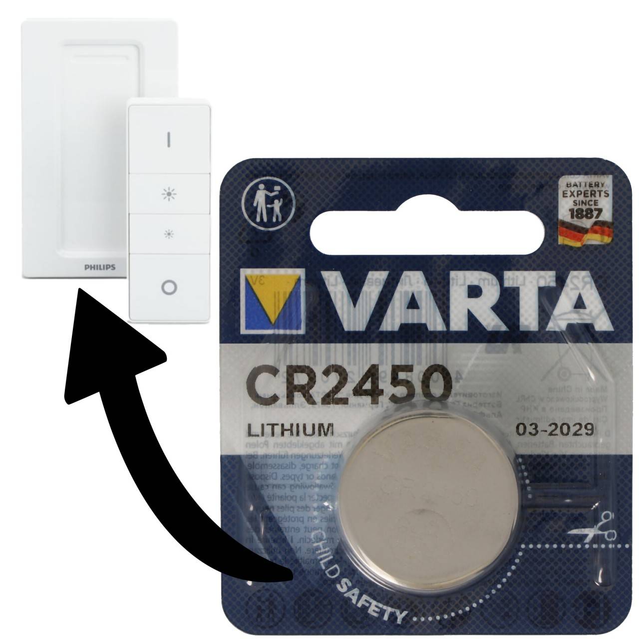 Batterie passend für Philips HUE Dimmschalter 1x Varta CR2450 Lithium Batterie IEC CR 2450-2