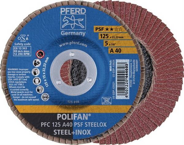 Fächerscheibe POLIFAN A PSF STEELOX D.125mm K.40 kon.Stahl/INOX NK PFERD