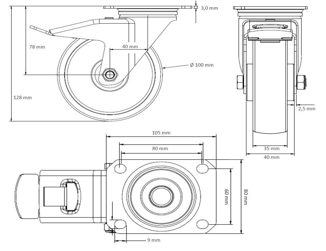 Rollensatz 4 Lenkrollen mit Feststeller 100 mm Elastik "Blue Wheels"-1