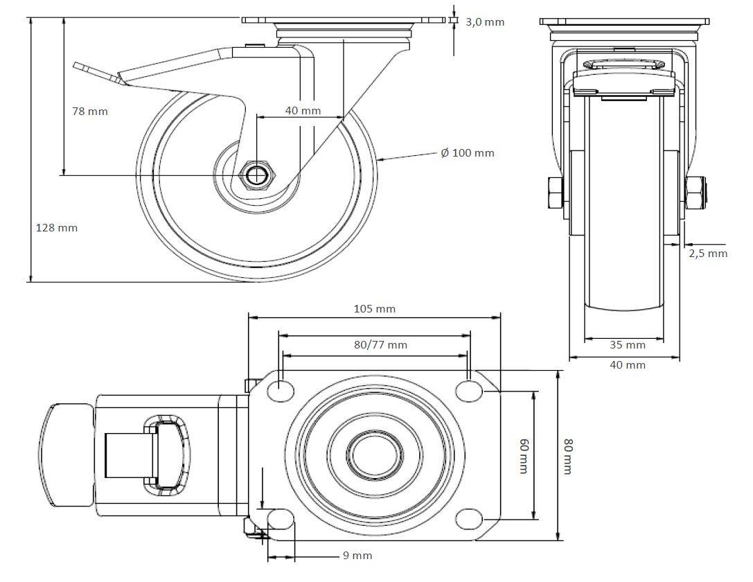 Rollensatz 2 Lenkrollen mit Feststeller + 2 Lenkrollen 100 mm Elastik grau-0