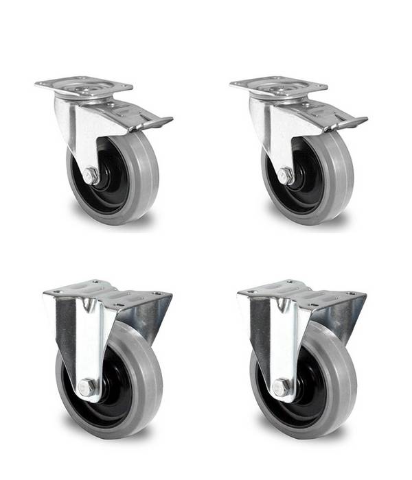 Rollensatz 2 Lenkrollen mit Feststeller + 2 Bockrollen 125 mm Elastik grau