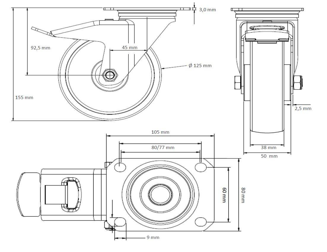 Rollensatz 2 Lenkrollen mit Feststeller + 2 Bockrollen 125 mm Elastik grau-3