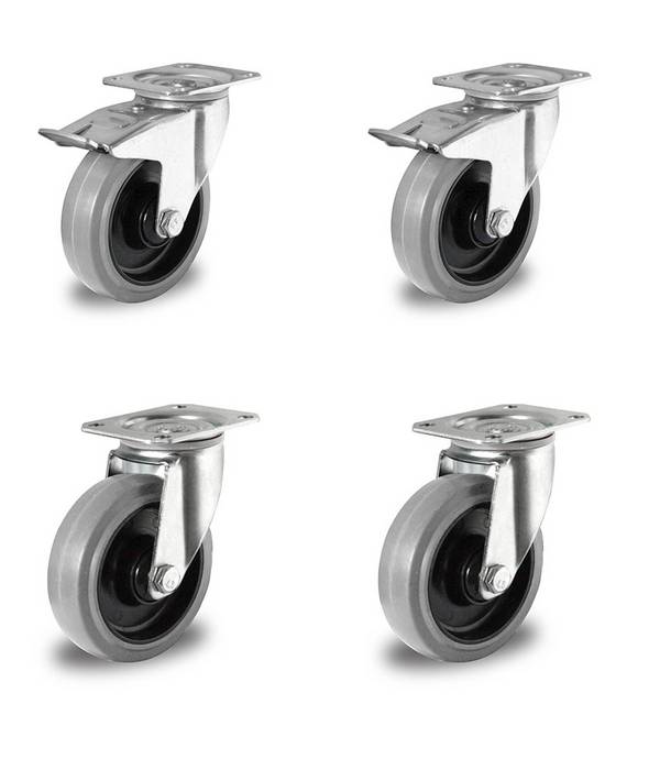 Rollensatz 2 Lenkrollen mit Feststeller + 2 Lenkrollen 125 mm Elastik grau