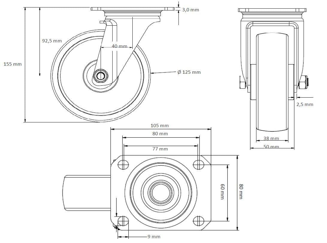 Rollensatz 2 Lenkrollen mit Feststeller + 2 Lenkrollen 125 mm Elastik grau-4