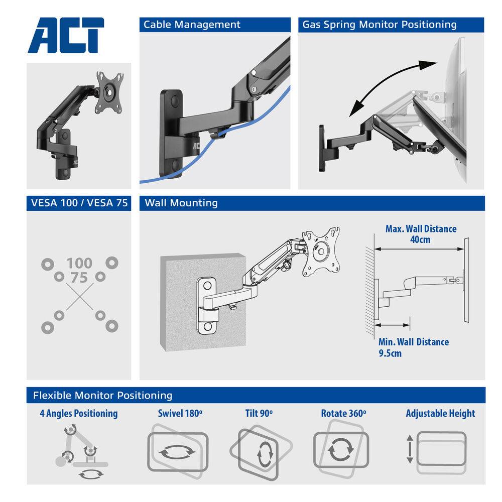 ACT AC8310 Gasfeder-Monitorarm | Wandhalterung | 1 Bildschirm | VESA | Schwarz-3