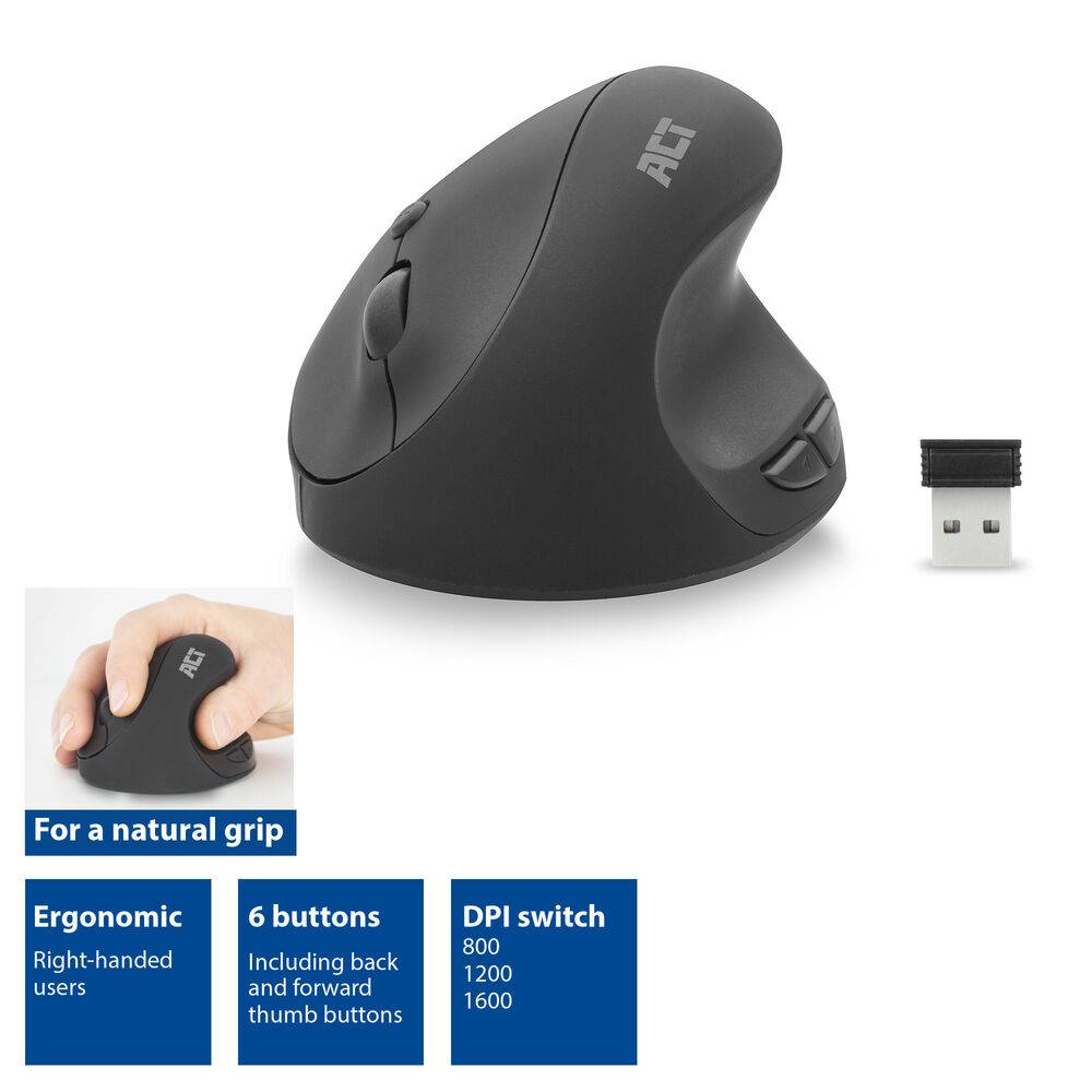 ACT AC5101 Wireless Ergonomic Mouse | 1600 DPI | Vertikal | 6 Tasten | Schwarz-2