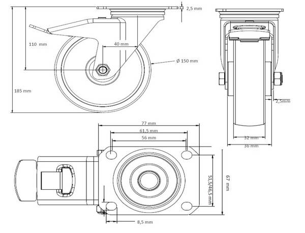 Rollensatz 2 Lenkrollen mit Feststeller + 2 Lenkrollen 150 mm Thermoplastisches Gummi "Apparaterolle"