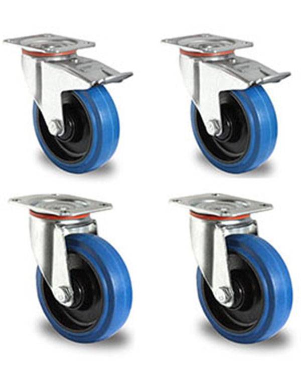 Rollensatz 2 Lenkrollen mit Feststeller + 2 Lenkrollen 125 mm Elastik "Blue Wheels"-0