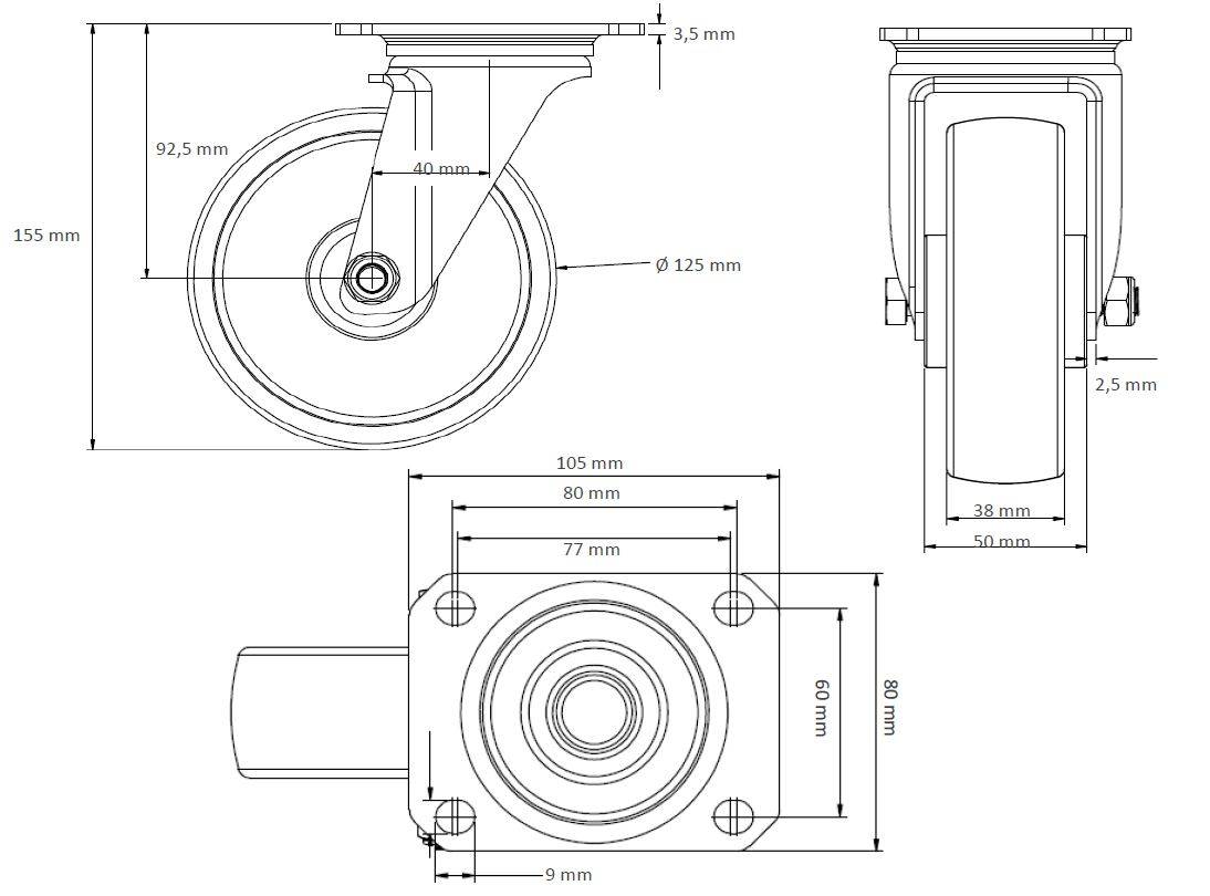 Rollensatz 2 Lenkrollen mit Feststeller + 2 Lenkrollen 125 mm Elastik "Blue Wheels"-1