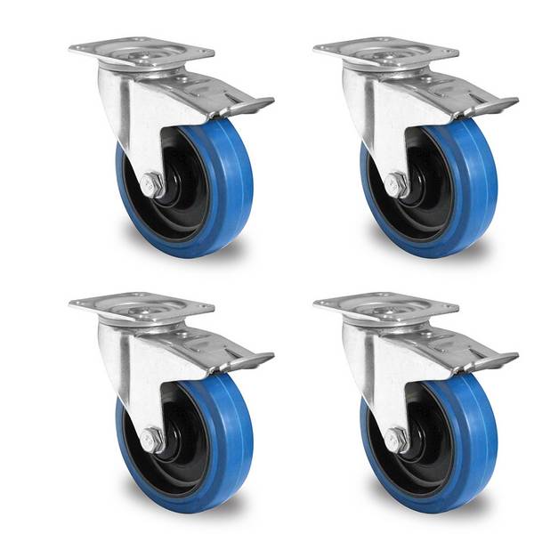 Rollensatz 4 Lenkrollen mit Feststeller 125 mm Elastik "Blue Wheels"