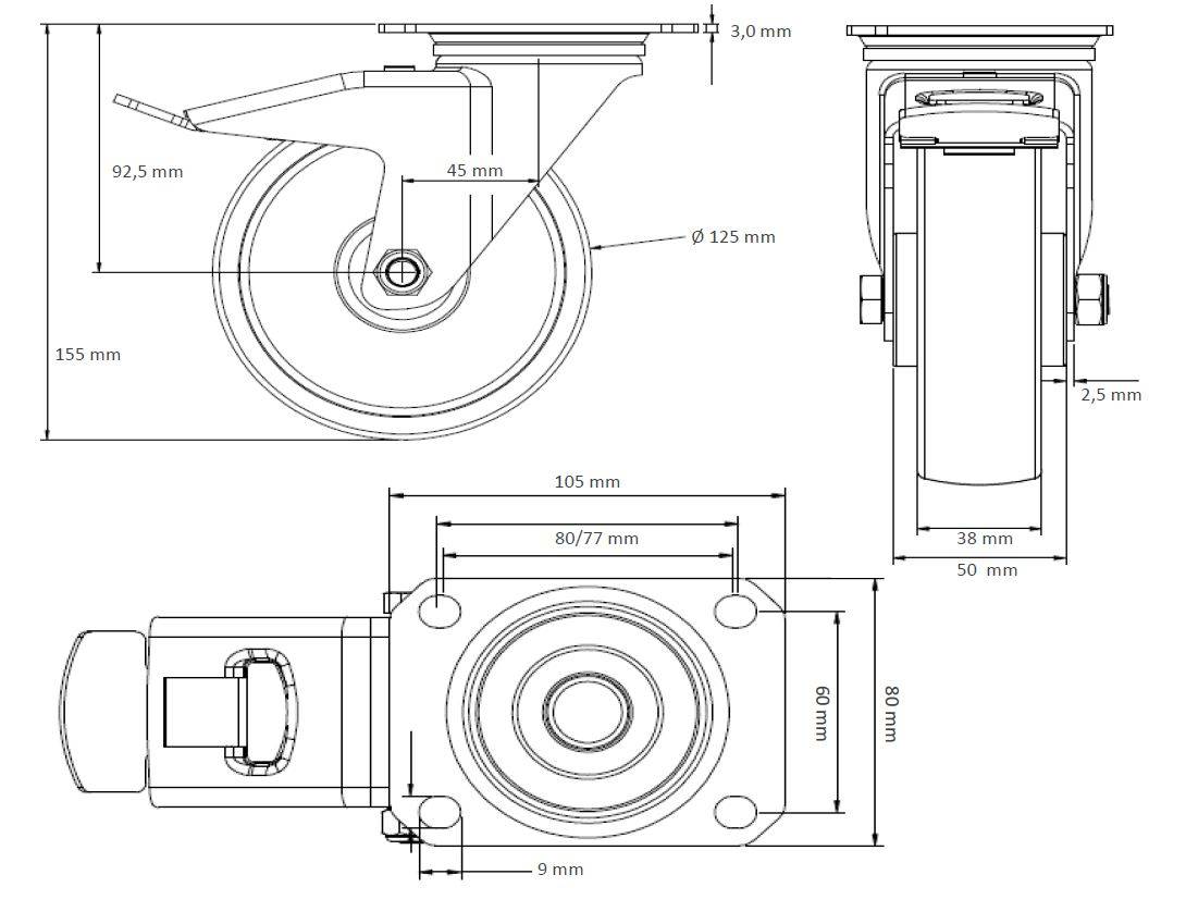 Rollensatz 4 Lenkrollen mit Feststeller 125 mm Elastik "Blue Wheels"-1