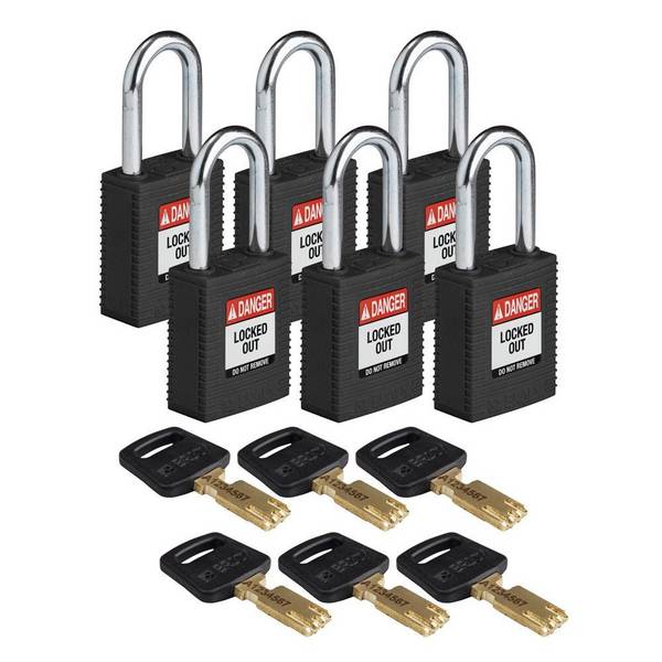 SafeKey Sicherheitsschloss mit Nylon-Gehäuse, Stahlbügel 38mm, Schließzwang, schwarz, 6 St./VE