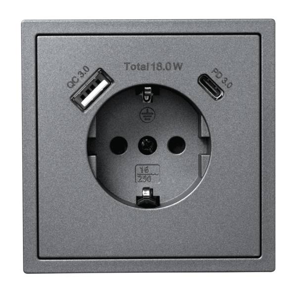 McPower - Steckdose SHALLOW anthrazi 1x USB-C 18W , m Rahmen