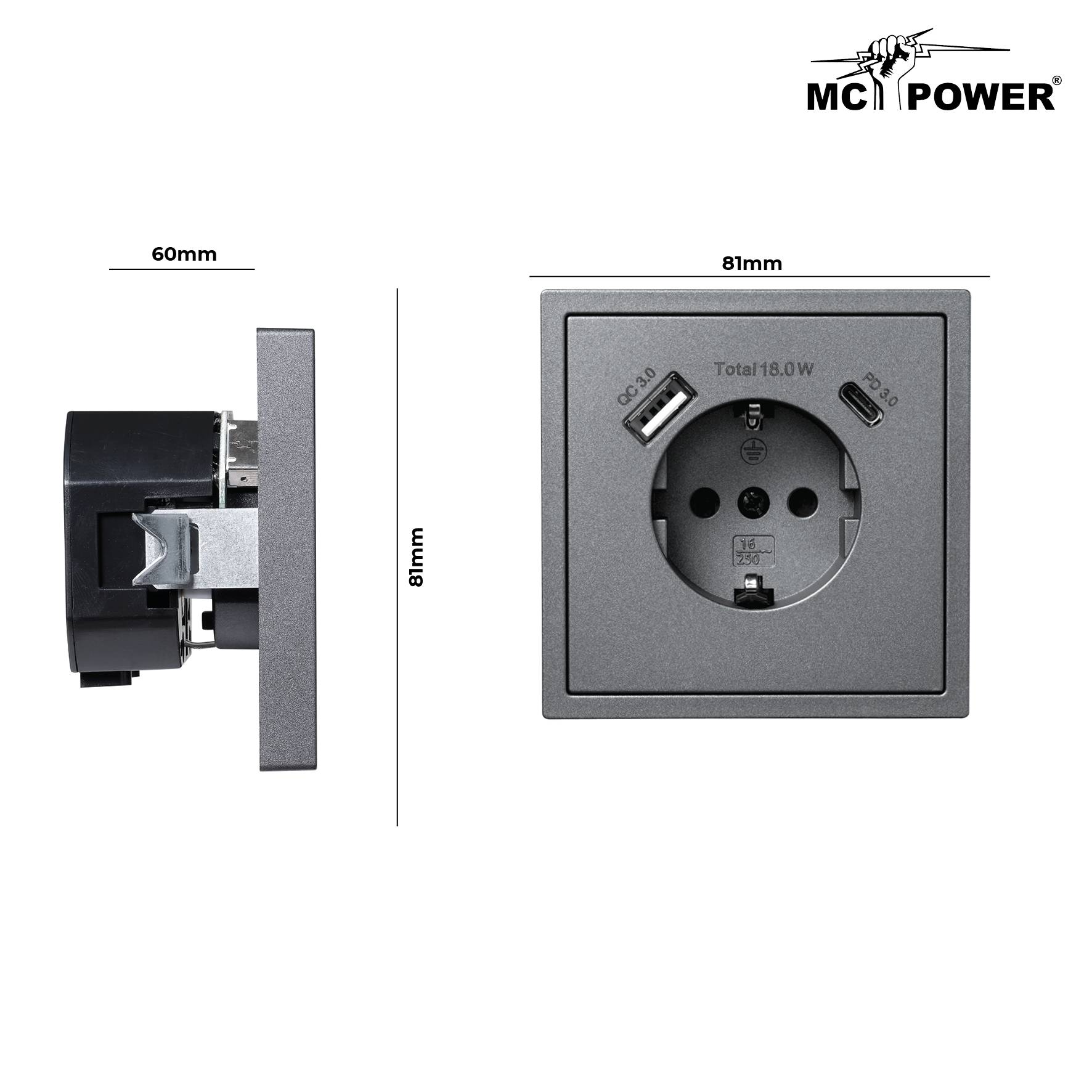 McPower - Steckdose SHALLOW anthrazi 1x USB-C 18W , m Rahmen-2