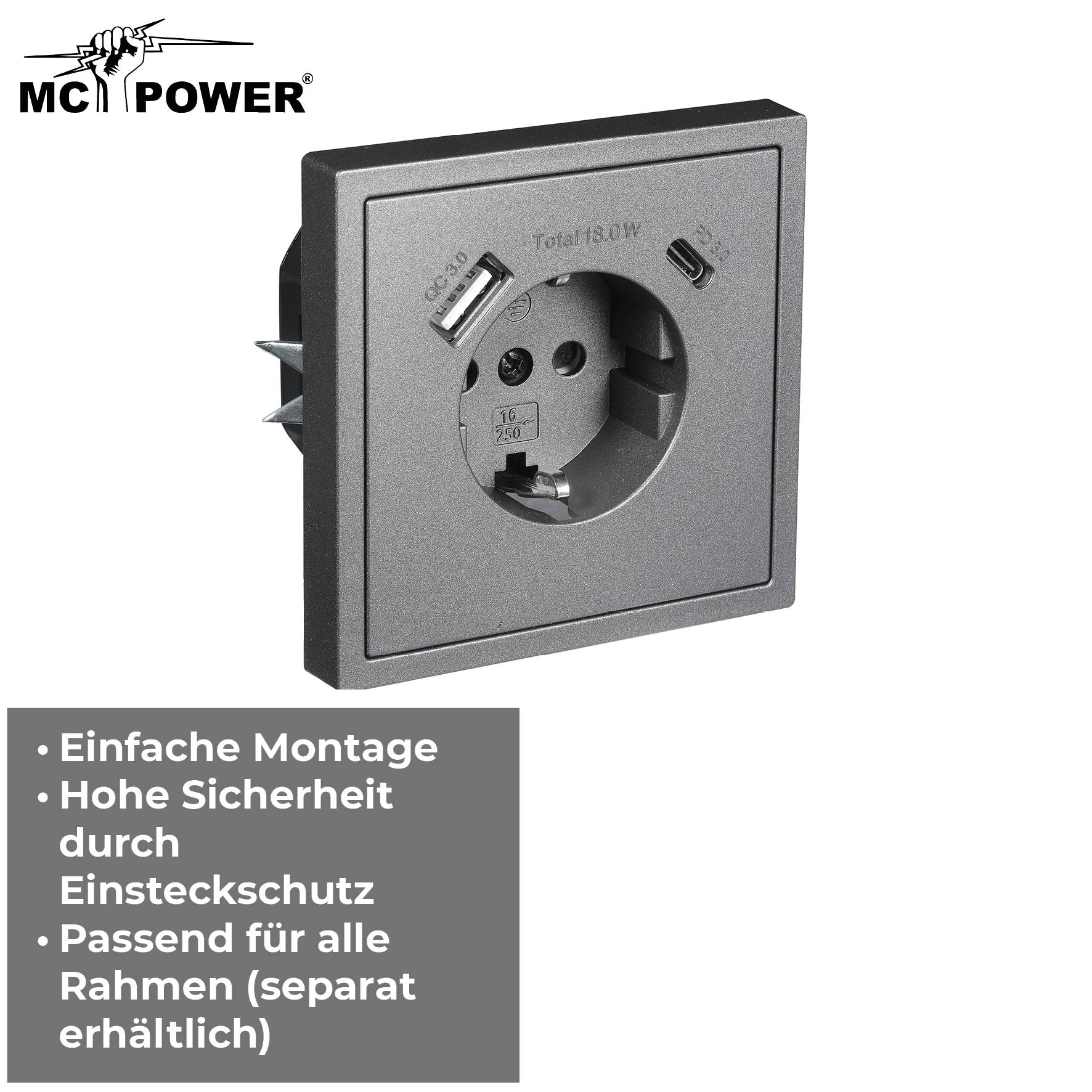 McPower - Steckdose SHALLOW anthrazi 1x USB-C 18W , m Rahmen-3