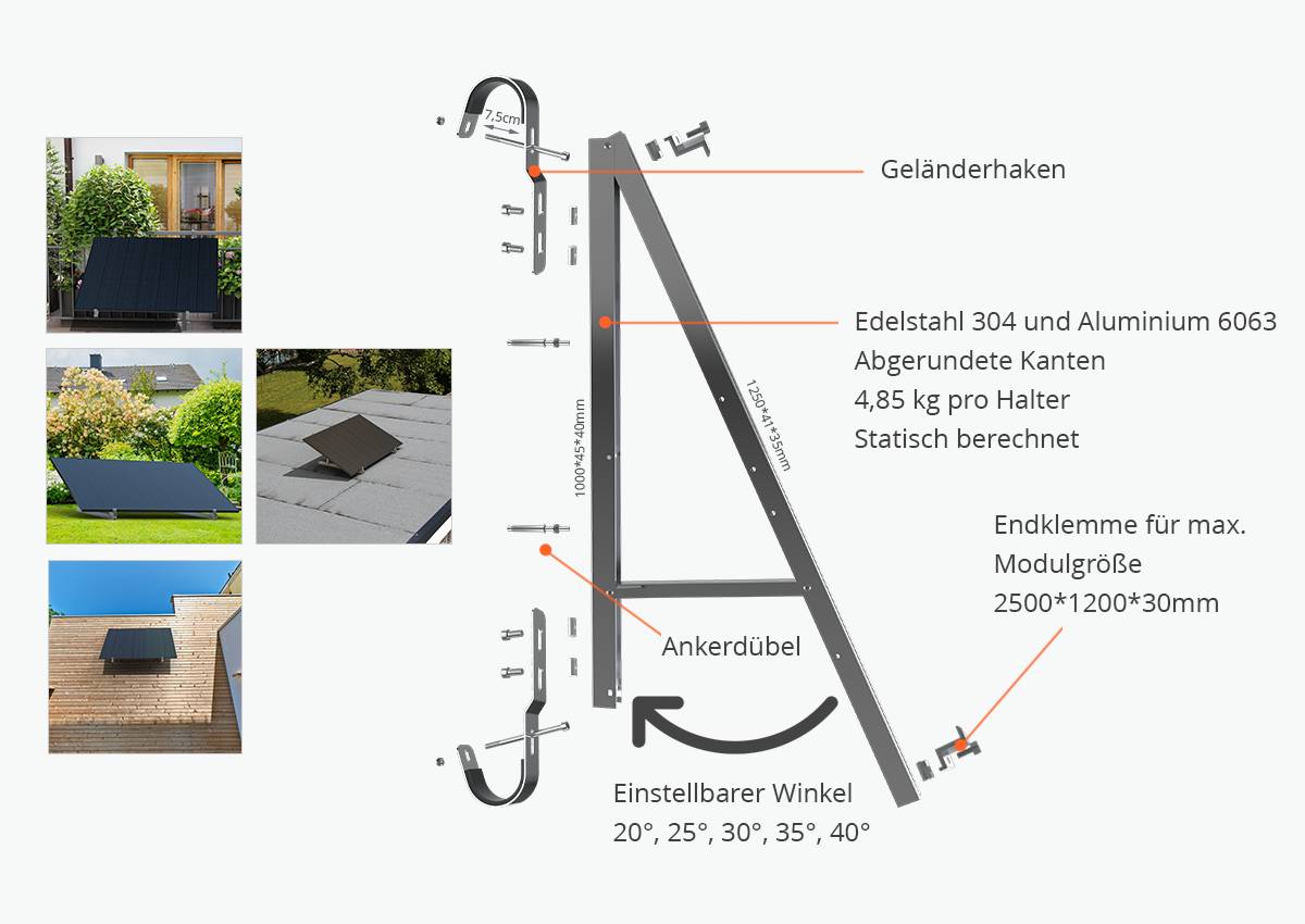 Halterung-Set für ein Solarpanele mit Aufständerung bis 40°-0