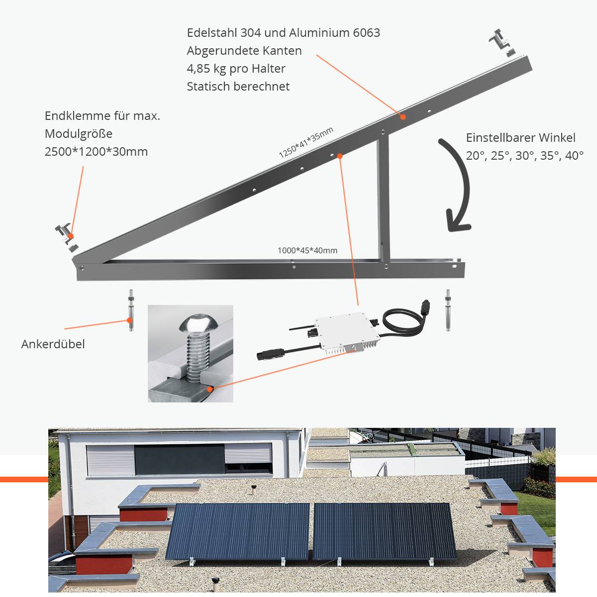 Halterung-Set für ein Solarpanele mit Aufständerung bis 40°-1