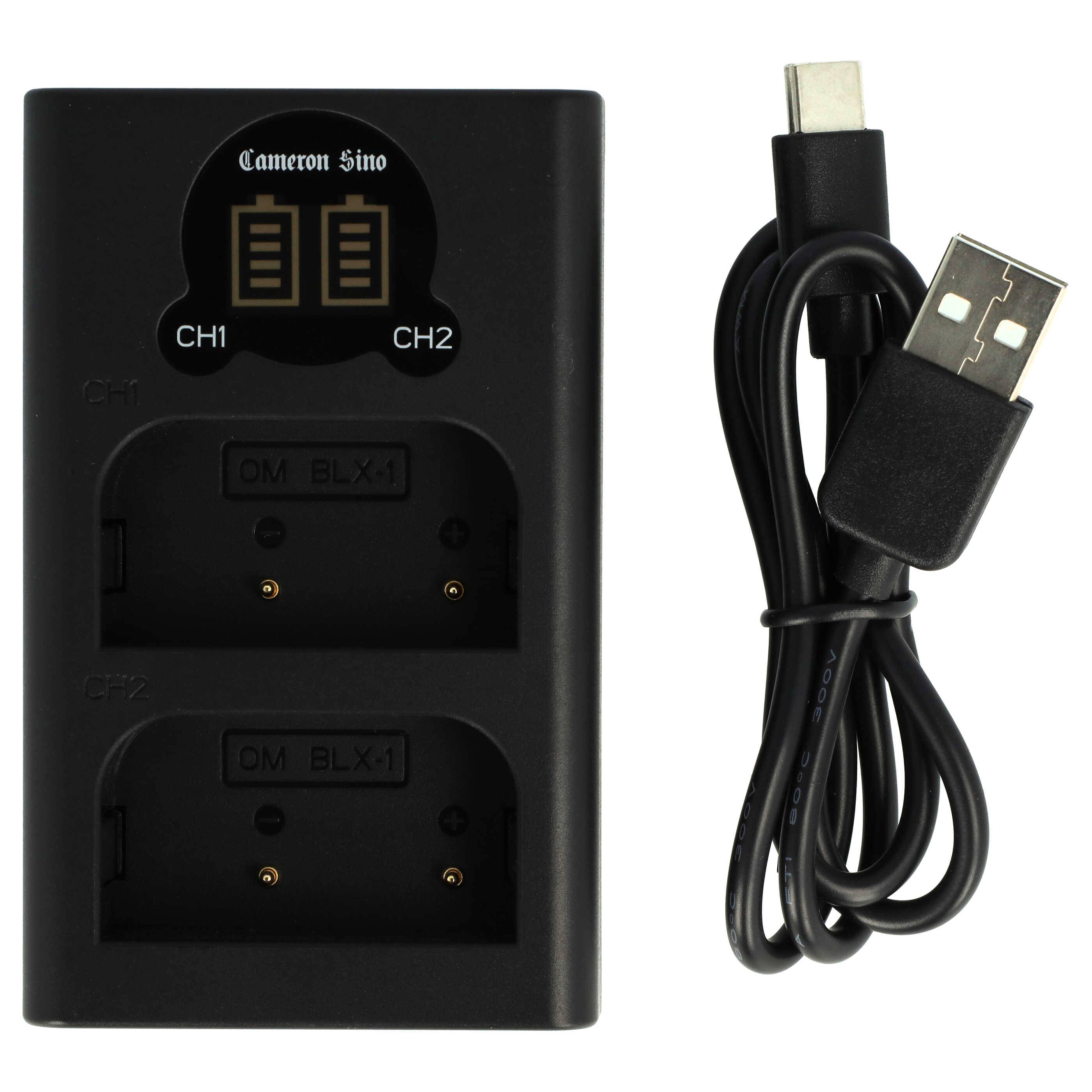 vhbw Dual Micro-USB + USB-C Ladegerät kompatibel mit Olympus OM-1 Mirrorless Kamera - Ladeschale Ladeanzeige-0