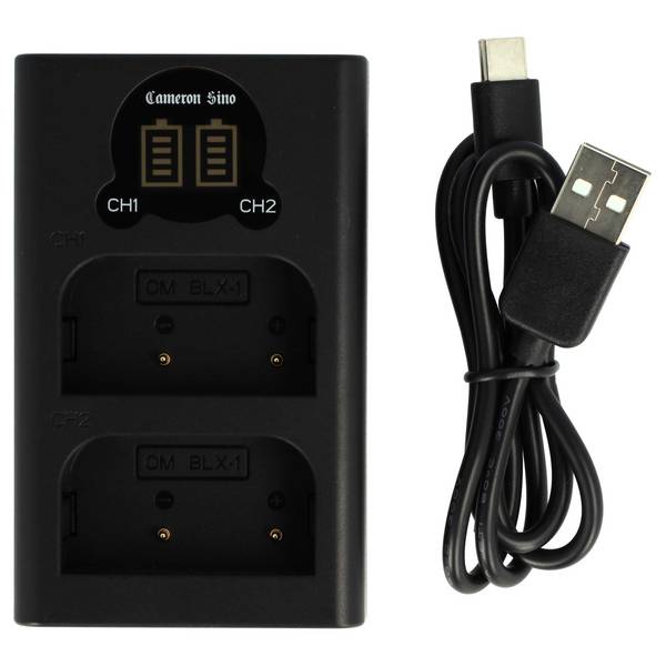 vhbw Dual Micro-USB + USB-C Ladegerät kompatibel mit Olympus OM-1 Mirrorless Kamera - Ladeschale Ladeanzeige