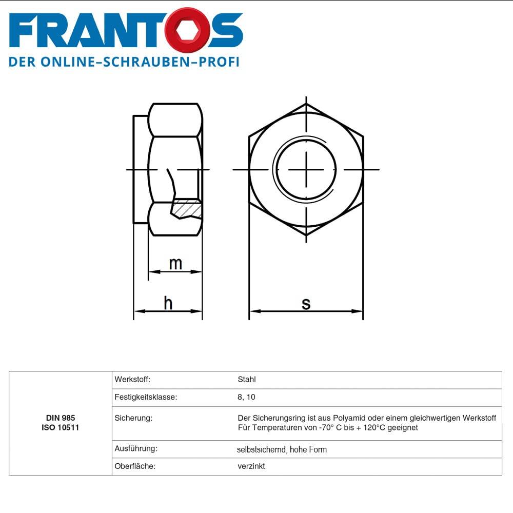 Frantos 10 St. DIN 982 Stoppmutter mit Polyamidklemmteil - M4 bis M20 in Stahl 8 verzinkt - hohe Form-4