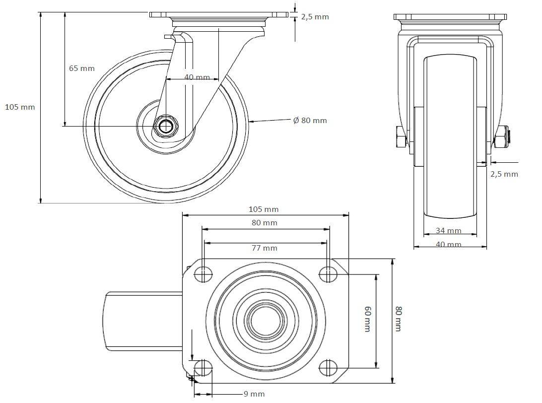 Rollensatz 2 Lenk- + 2 Bockrollen 80 mm Polypropylen-3